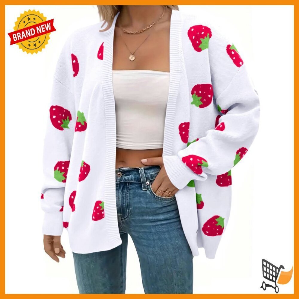 Plus Size Strawberry Floral Knit Cardigan Long Sleeve Open Front